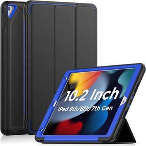 iPad 9th/8th/7th Generation Case, iPad 10.2 Case, Durable Sturdy Heavy Duty Shockproof Protection Folio Stand Case with Smart Cover Auto Sleep/Wake for iPad 10.2 Inch, Black+Blue