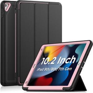 iPad 9th/8th/7th Generation Case, iPad 10.2 Inch Case 2021/2020/2019, Heavy Duty Shockproof Protection Folio Stand Case with Smart Cover Pencil Holder for 10.2'' iPad 7/8/9 - Black/Pink