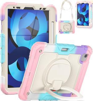 iPad Air 5th/4th Generation Case, Heavy Duty Protection Shockproof Case with Screen Protector, 360° Hand Grip, Shoulder Strap, Pencil Holder, Case for iPad 10.9 inch, Colorful/Pink