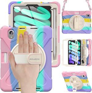 iPad Mini 6th Generation Case, Rugged Shockproof Kids Girls Case with Screen Protector Shoulder Strap Hand Strap Kickstand Pencil Holder for iPad Mini 8.3\u201d 2021 A2567 A2568 A2569-Colorful Pink