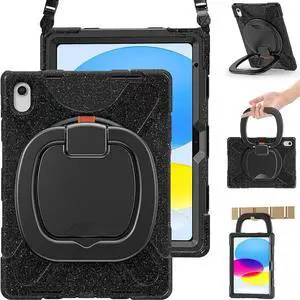 iPad 10th Generation Case 2022 10.9 inch A2696 A2757 A2777, Heavy Duty Rugged Silicone Case with Swivel Ring Stand/Kickstand/Shoulder Strap/Pencil Holder/Screen Protector-Carnival Night (Black)