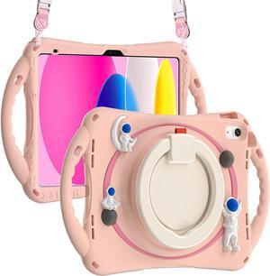 3D Cute Space Astronauts Case for iPad 10th Generation 10.9 Inch 2022 A2696 A2757 A2777, Silicone Kids Girls Spaceman Case with Pencil Holder,Carrying Shoulder Strap,Handle Grip,Kickstand-Pink