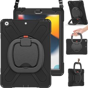 iPad 9th Generation Case New 2021 10.2 Inch Hybrid Rugged Shockproof Silicone Cover with Kickstand, Pencil Holder, Handle Grip and Shoulder Strap, Compatible with iPad 9th/8th/7th Gen, Black