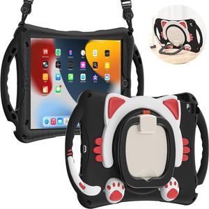 Cute Cat Case for iPad 9th 8th 7th Generation 10.2 2021/2020/2019, Silicone Kids Boys Case with Pencil Holder,Carrying Strap,Handle Grip,Kickstand for iPad Air 3/Pro 10.5 2019/2017-Black Red