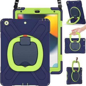 Kids Case for iPad 10.2\u201d 9th/8th/7th 2021/2020/2019, Shockproof Hard Case with Kickstand/Handle Grip, Carrying Strap, Screen Protector, Pencil Holder, Pencil Cap Holder for iPad 10.2-Navy+Green