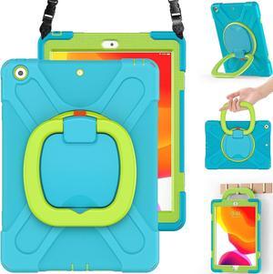 iPad 9/8/7 Case,Shockproof Protective Boys Girls Silicone Case with Screen Protector Pencil Holder Pencil Cap Holder Shoulder Strap Handle Grip Stand for iPad 10.2 Inch 9th/8th/7th Gen-Sky Blue