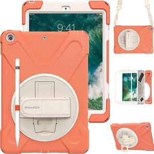 iPad Case 9.7 Inch 2018/2017, Shockproof Protective Hard Rugged Kids Case Cover with Shoulder Strap, Kickstand, Hand Strap for Apple iPad 6th/5th Generation A1893/A1954/A1822/A1823-Coral Orange