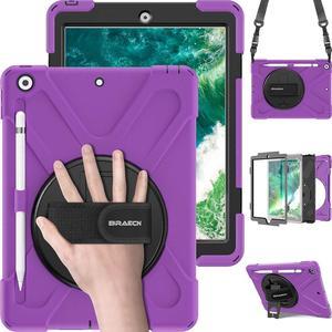 Case for iPad 9.7 Inch 2018/2017, Heavy Duty Shock-absorbing Protective Case Cover with Pen Holder, Handle Hand Strap, Kickstand and Shoulder Strap for iPad 9.7 5th/6th Generation Tablet-Purple