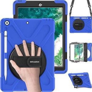 New iPad 9.7 Case with Pencil Holder, Shockproof Dropproof Protective Rugged Case with Built-in Hand Strap, Kickstand and Detachable Shoulder Strap for iPad 9.7 Inch 6th Generation Tablet-Blue