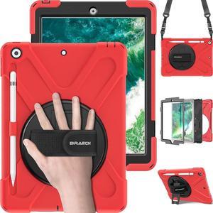 iPad 9.7 Inch Case with Pencil Holder, [Rotating Kickstand/Handle Hand Strap] [Carrying Shoulder Strap] Heavy Duty Shockproof Childproof Case for iPad 9.7 Inch A1893 A1954 2018 Model Tablet-Red