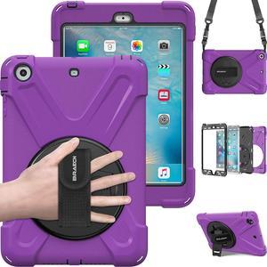 iPad Mini Case,iPad Mini 2 360 Degree[Heavy Duty] Swivel Stand/Hand Strap and a Shoulder Strap Case,iPad Mini 3[Shock Proof][Three Layer] Rugged Hybrid Protective with Kickstand Case (Purple)