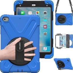 iPad Mini4 & 5 Shockpoof Case,Three Layer Drop Protection Rugged Heavy Duty iPad Mini 5th Gen Case with 360 Degree Swivel Stand/Hand Strap/Shoulder Strap for iPad Mini4 Case for Kids(Blue)