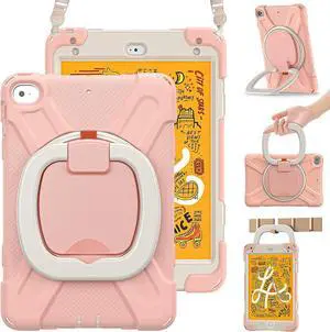 Kids Case for iPad Mini 5/4 7.9 Inch 2019/2015- Kids Friendly Silicone Case with Pencil Holder, Shoulder Strap, 360° Rotating&180 ° Folding Grip, Stable Kickstand for iPad Mini 5/4- Rose Gold