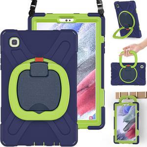 Silicone Case for Samsung Galaxy Tab A7 Lite 2021, Heavy Duty Rugged Case with [Handle Grip] [Shoulder Strap] [Stable Kickstand] for Galaxy Tab A7 Lite 8.7 SM-T220/T225/T227 -Navy+Green