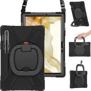 Case for Samsung Galaxy Tab S8/S7 11 Inch 2022/2020 (SM-X700/706/T870/T875), Handle Grip, Stable Kickstand, Protective Rugged Silicone Case with S Pen Holder&Carrying Strap for Kids, Black