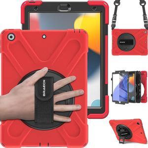 iPad 10.2 Case with Screen Protector,Shockproof Heavy Duty Rugged Case with Rotating Kickstand,Adjustable Hand Strap,Shoulder Strap Fit iPad 10.2 inch 9th 8th 7th Generation 2021 2020 2019 -Red