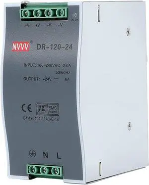 NVVV DR-120-24 AC to DC DIN-Rail Mount Power Supply, 24V, 5Amp, 120W Single Extreme -30 to 70 °C (-22 to 158 °F) Operating Temp, Overload Protection, Metal