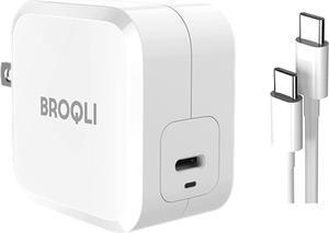 BROQLI 61W GaN Tech Wall Charger USB Type C Port Foldable Compact Fast Charging for Laptops, Mac Pro/Air iPad, iPhone 11 12 13 XS Max/XR/X, Galaxy with 6.7ft Fast Charging Cable [20V-5A/100W] (White)
