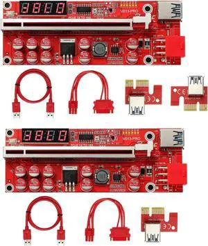 MZHOU 2PACK PCI-E GPU Riser Card for Bitcoin Ethereum ETH Mining 1x to 16x Graphics Risers Card with 10 Solid Capacitors/Temperature Probe/RGB LED Light/60cm USB 3.0 Cable(Red VER013 Pro)