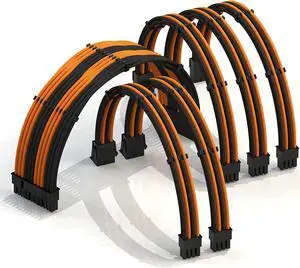 LINKUP - 30cm Super Soft and Flexible PSU Cable Extension Sleeved Custom Mod GPU PC Braided w/Comb Kit1 x 24 P (20+4)2 x 8 P (4+4) CPU2 x 8 P (6+2) GPU Set300mm - OrangeBlack