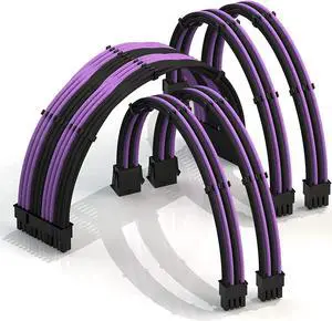 LINKUP - 30cm Super Soft and Flexible PSU Cable Extension Sleeved Custom Mod GPU PC Braided w/Comb Kit1 x 24 P (20+4)2 x 8 P (4+4) CPU2 x 8 P (6+2) GPU Set300mm - PurpleBlack
