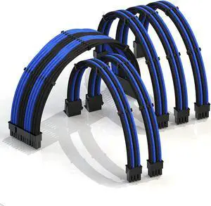 LINKUP - 30cm Super Soft and Flexible PSU Cable Extension Sleeved Custom Mod GPU PC Braided w/Comb Kit - Compatible with RTX30901x24 P (20+4)2x8 P (4+4) CPU3x8 P (6+2) GPU Set300mm - Blueblack