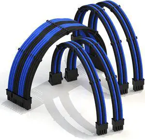 LINKUP - 30cm Super Soft and Flexible PSU Cable Extension Sleeved Custom Mod GPU PC Braided w/Comb Kit1 x 24 P (20+4)2 x 8 P (4+4) CPU2 x 8 P (6+2) GPU Set300mm - Blueblack