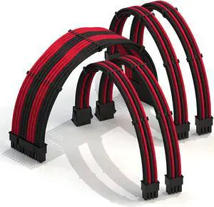 LINKUP - 30cm Super Soft and Flexible PSU Cable Extension Sleeved Custom Mod GPU PC Braided w/Comb Kit1 x 24 P (20+4)2 x 8 P (4+4) CPU2 x 8 P (6+2) GPU Set300mm - RedBlack