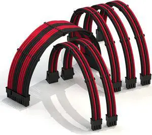 LINKUP - 30cm Super Soft and Flexible PSU Cable Extension Sleeved Custom Mod GPU PC Braided w/Comb Kit1 x 24 P (20+4)1 x 8 P (4+4) CPU2 x 8 P (6+2) GPU Set300mm - RedBlack