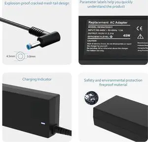 45W 19.5V 2.31A AC Adapter Laptop Charger for Hp 741727-001 719309-001 719309-003 721092-001 854054-002 740015-002 740015-003 15-dy1032wm 15-f272wm 15-f387wm 15-f233wm 15-f222wm 15-f211wm Power Cord