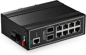 Binardat 10 Port Gigabit L2+ Managed Industrial DIN-Rail Switch, 8 Gigabit Ethernet Ports, 2 Gigabit SFP, Vlan|Route|Ring|ACL|Qos Web/Console Managed