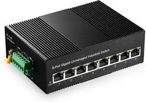8 Port Gigabit Industrial Ethernet Switch, Ports 10/100/1000Mbps, Fanless Wall Mount and Din Rail, Metal IP40 -40~75°C, with One Power Supply