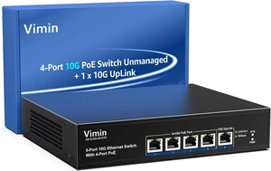 4-Port 10G PoE Switch with 10G Uplink Port, VIMIN 4-Port 10Gbe PoE Network Switch, Auto-Negotiation, for 10G NAS Network, Support IEEE802.3af/at, Plug & Play, 65W, 100Gbps Switching Capacity 4-Port 10G PoE Switch with 10G Uplink Port, VIMIN 4-Port 10Gbe PoE Network Switch, Auto-Negotiation, for 10G NAS Network, Support IEEE802.3af/at, Plug & Play, 65W, 100Gbps Switching Capacity