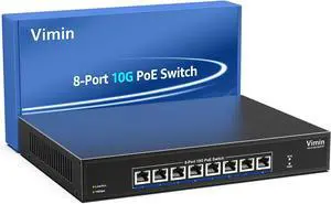 8 Port 10G PoE Switch Unmanaged, VIMIN 8 Port 10G PoE Ethernet Switch Support IEEE802.3 af/at, 10G Base-T RJ45 PoE Ports for 1G/2.5G/5G/10G Network, 160Gbps Switching Capacity, Desktop & Rack Mount