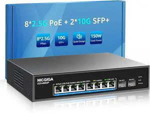 8 Port 2.5G PoE Switch Unmanaged with 8 Port 2.5Gb Base-T PoE+@130W + 2 x 10G SFP+ Uplink, NICGIGA 10 Port 2.5Gbe IEEE802.3af/at Power Over Ethernet Switch, Support WiFi6 AP, NAS, 4K PoE Camera NVR.