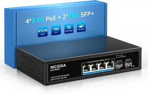 4 Port 2.5G PoE Switch Unmanaged with 4 x 2.5Gb Base-T @78W + 2 x 10G SFP Uplink, 2.5Gbe IEEE802.3af/at Power Over Ethernet, Support WiFi6 AP, NAS, 4K Camera NVR