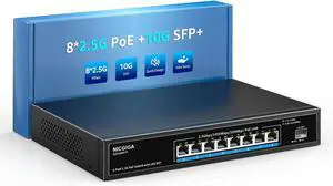 8 Port 2.5G PoE Switch Unmanaged with 8 x 2.5Gb Base-T @120W + 10G SFP Uplink, 2.5Gbe IEEE802.3af/at Power Over Ethernet Switch, Support WiFi6 AP, NAS, 4K PoE Camera NVR.