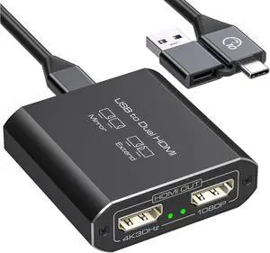 HDMI Splitter Extended Display for Dual Monitor USB A & C to 2 hdmi Adapter 1 in 2 Out for Laptop Mac Triple Set Support MST & SST Modes; 4K@30Hz HDMI Out 1, 1080p HDMI Out 2