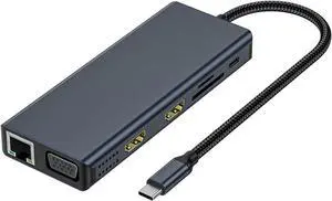 Docking Station Double Monitors 12 in 1 USB C Adapter Multiport Adapter 4 USB Port VGA Ethernet Card Reader for Laptop