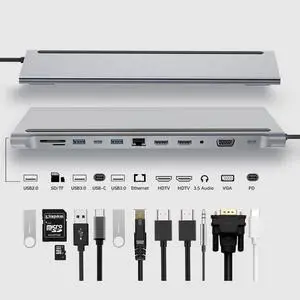 USB C Hub Docking Station 12 in 1 - Dual 4K HDMI/VGA,3 USB Ports, 3.5mm Audio, PD 100W, SD/TF, Ethernet - Laptop Docking Station for MacBook/Dell XPS/More Type-C Devices