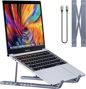 5ound Adjustable Laptop Stand with inbuilt Type C Docking Station comparable with 65W Power Delivery Silver Colours | Lightweight & Portable Design | Ideal for Tablets, Laptops, Kindles, Switch