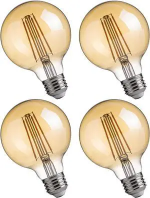 Jaspertronics G25 LED Edison Light Bulbs 2200K Warm White Dimmable 4W (40W Eqv) 350LM E26 Base Amber Glass CRI90 Energy Saving Lighting for Indoor Chandeliers & Fixtures - 4 Pack