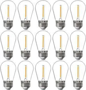Jaspertronics 15-Pack Outdoor S14 LED Replacement Bulbs 2200K Warm White, Shatterproof, Waterproof, E26 Base, Energy-Efficient for Patio, Garden, Bistro & Decorative String Lights
