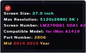 5K LCD Replacement LM270QQ1 SDA1 SDA2 for iMac A1419 Mid 2014 Mid 2015 Year EMC2806 661-00200 661-03255 Non-Touch Screen 27.0" Display Panel + Front Glass Cover with Adhesive