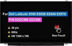 Screen Replacement for Dell Latitude 5550 E5550 E6540 E5570 P/N 02GC9W 2GC9W HD 1366 x 768 30 pin 60Hz 15.6" Non-Touch LCD Screen Replacement Display Panel