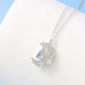 Floating Moon Cubic Zirconia Necklace Women S925 Sterling Silver Light Luxury Minority High-Grade Exquisite Glazed Stone Moon Necklace for Girl Mother Daughter Sister (silver-moon)