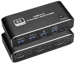 KVM Switch HDMI 2 Port,8K USB Switch 2x1 HDMI2.1 Ports + 4X USB3.0 KVM Ports, Share 2 Computers one Monitor Switch,Supports 8K 60Hz,4K 120Hz,YUV 4:4:4, HDCP 2.3, HDR 10, Hotkey, Darkish KVM Switch HDMI 2 Port,8K USB Switch 2x1 HDMI2.1 Ports + 4X USB3.0 KVM Ports, Share 2 Computers one Monitor Switch,Supports 8K 60Hz,4K 120Hz,YUV 4:4:4, HDCP 2.3, HDR 10, Hotkey, Darkish
