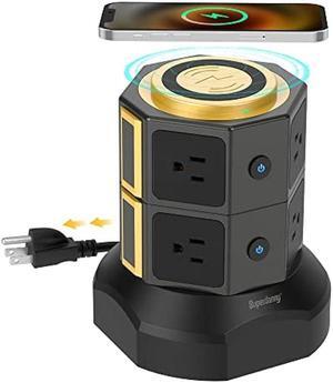 SUPERDANNY Power Strip Tower with 15W Wireless Charger, 6.5Ft Retractable Extension Cord, 1050J Surge Protector, Spin Standing Charging Station with 8 AC Outlets 4 USB Ports for Home, Office, Garage