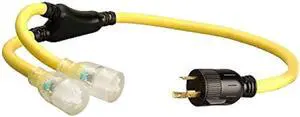 Woods Coleman Cable 01915 3-Feet Generator Power Cord Adapter, 10/3 Splitter Y Adapter, L5-30P to (2) Lighted 5-20R