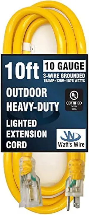 10 ft - 10 Gauge Heavy Duty Outdoor Extension Cord - Lighted SJTW - Yellow Heavy Duty Extension Cord by Watt's Wire - Short 10' 10-Gauge Grounded 15-Amp Power Cord (10 Foot 10-Awg Yellow)